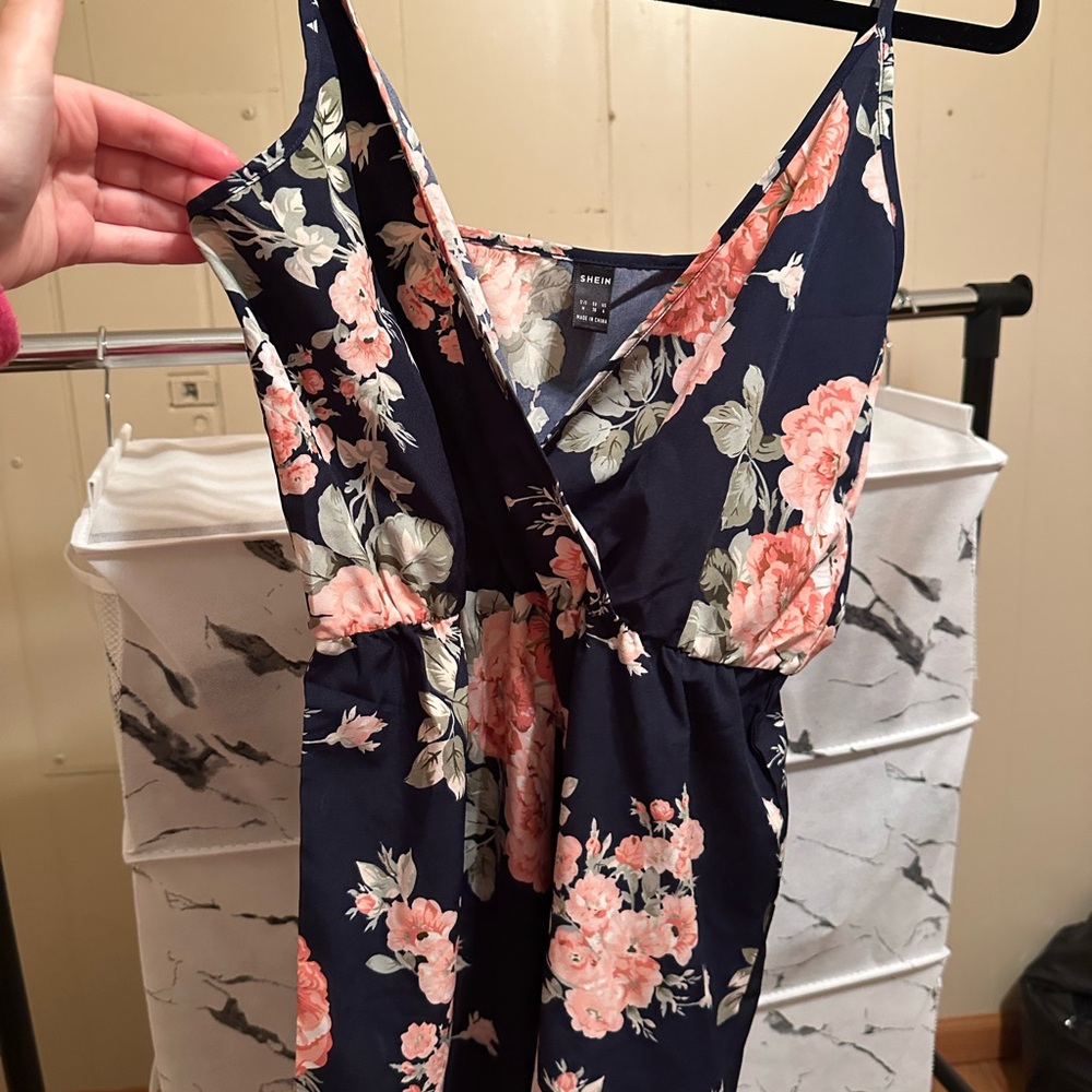 SHEIN Pink and Blue Floral V-Neck Dress